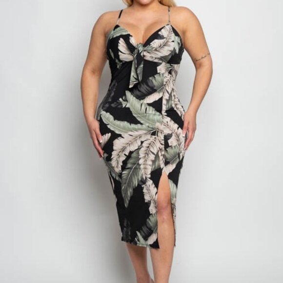 Women's Plus Size Tropical Black Print Slit Midi Bodycon Cami Dress - Picture 1 of 2